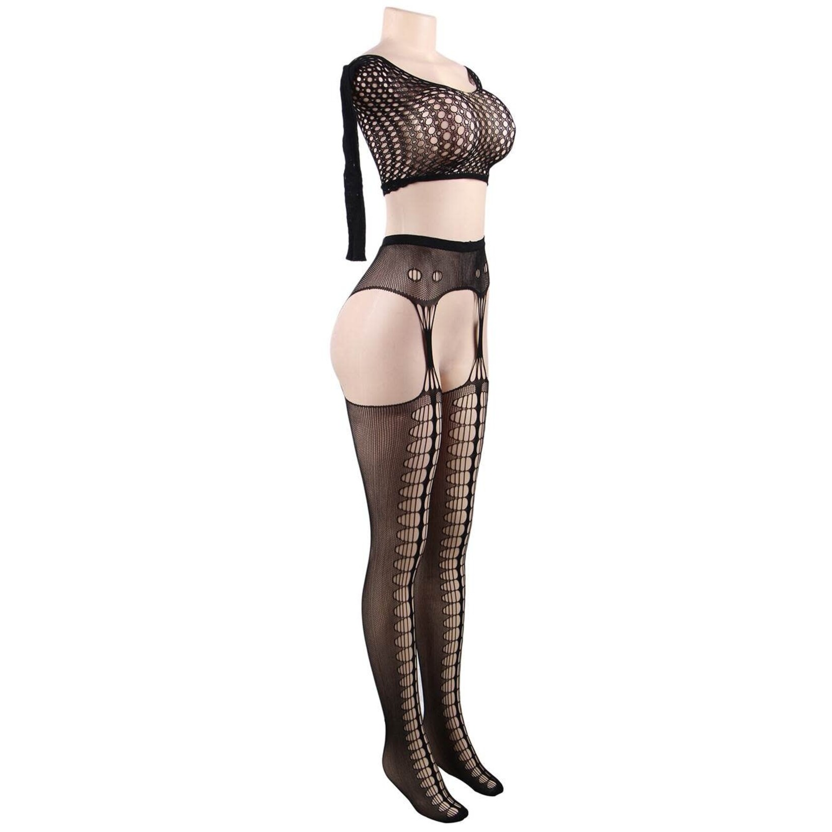 OH YEAH! -  PLUS SIZE LONG SLEEVE SPLIT SEXY FISHNET BODYSTOCKING L-2XL AS SHOWN