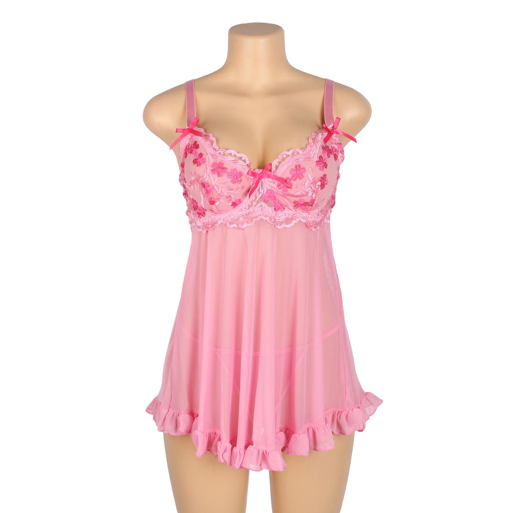 OH YEAH! -  PINK SEXY MESH EMBROIDERY LACE LIFT BRA SUSPENDER NIGHTDRESS X-LARGE PINK