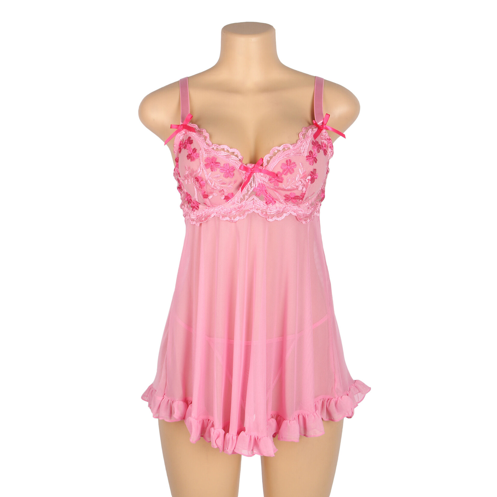 OH YEAH! -  PINK SEXY MESH EMBROIDERY LACE LIFT BRA SUSPENDER NIGHTDRESS 2XL PINK