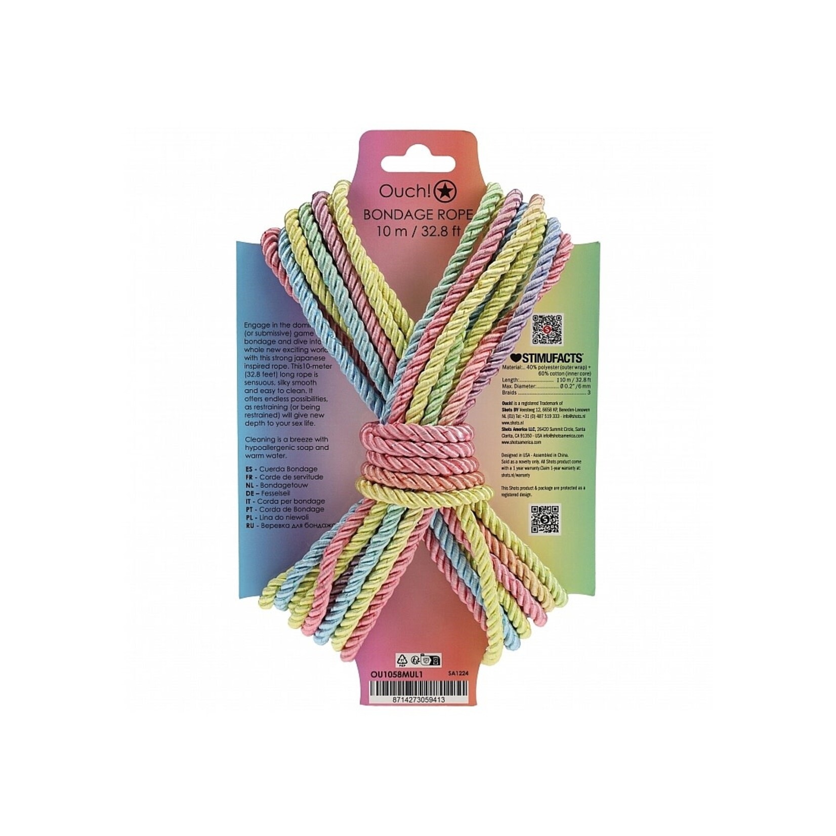 SHOTS OUCH! 32.8'/10M BONDAGE ROPE IN PASTEL RAINBOW