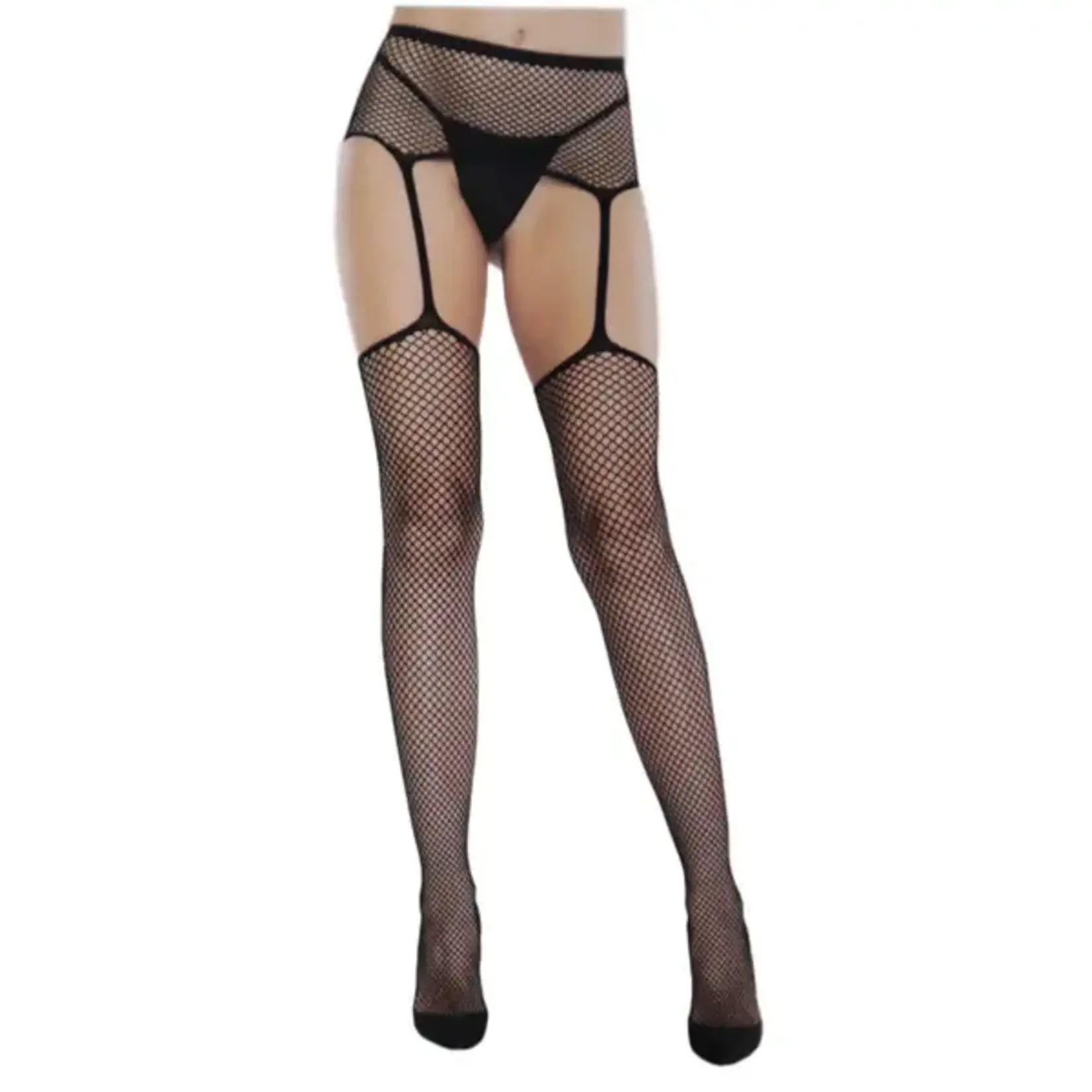 LEG AVENUE LEG AVENUE SINFUL FISHNET STOCKINGS WITH CROSS BACK SEAM AND ATTACHED GARTER BELT - BLACK