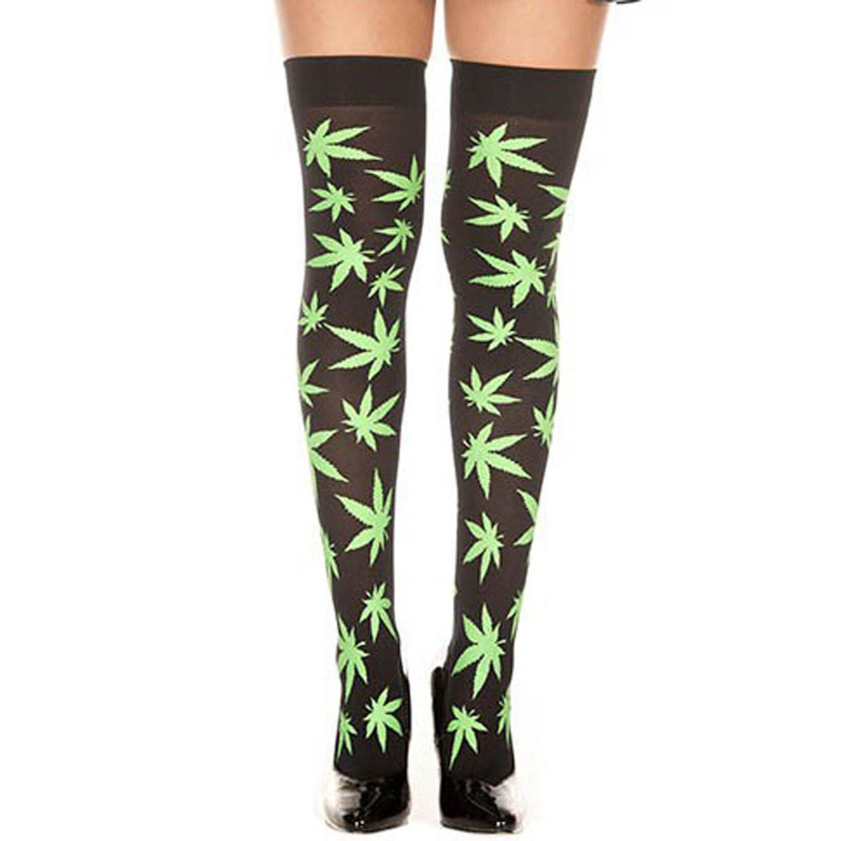 MUSIC LEGS MUSIC LEGS LEAF THIGH HI BLACK-GREEN O/S