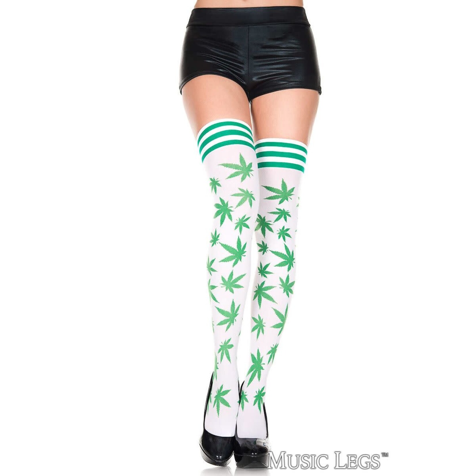 MUSIC LEGS MUSIC LEGS WEED PRINT 3 STRIPE TOP THIGH HIGH WHITE-GREEN O/S