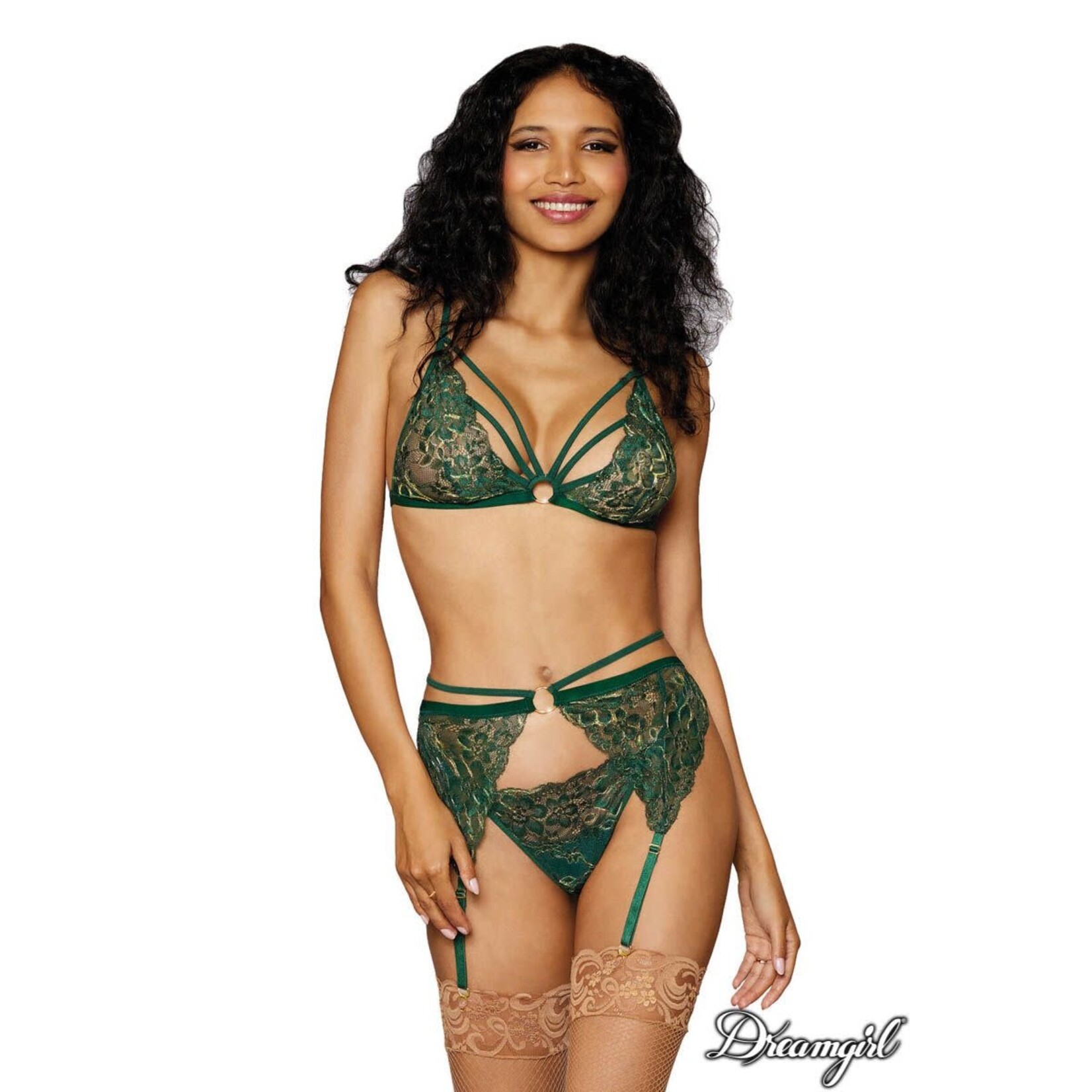 DREAMGIRL LINGERIE DREAMGIRL METALLIC 3PC SET GREEN O/S