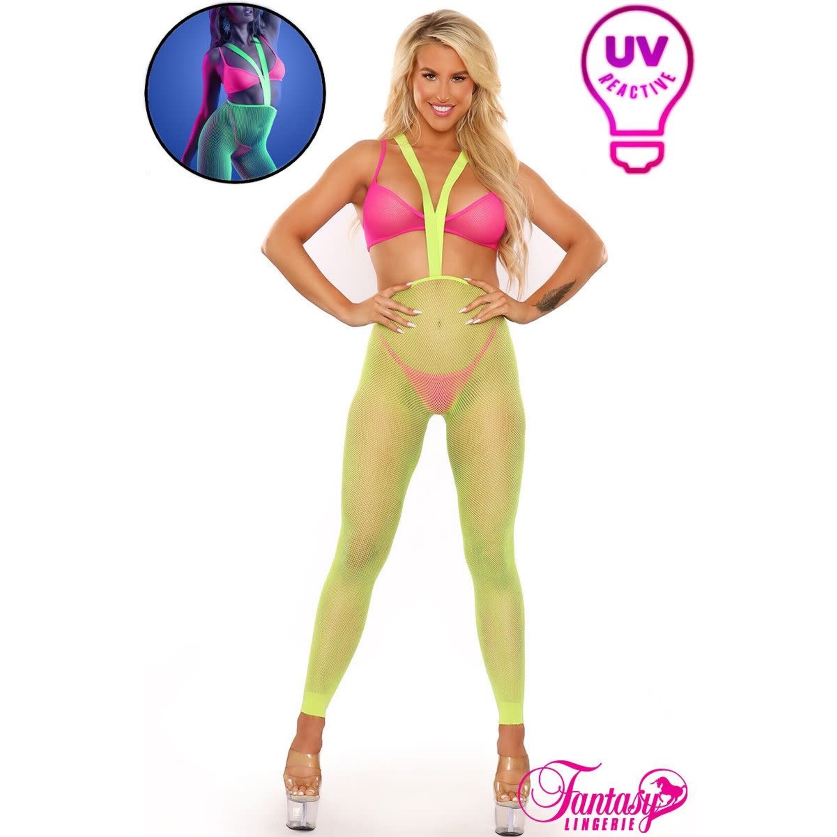 FANTASY LINGERIE FANTASY LINGERIE 3PC UV FOOTLESS BODYSTOCKING NEON GREEN-NEON PINK O/S