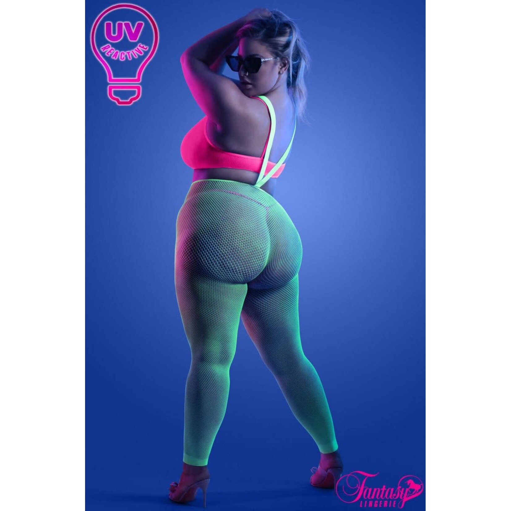 FANTASY LINGERIE FANTASY LINGERIE 3PC FOOTLESS BODYSTOCKING NEON GREEN-NEON PINK QUEEN