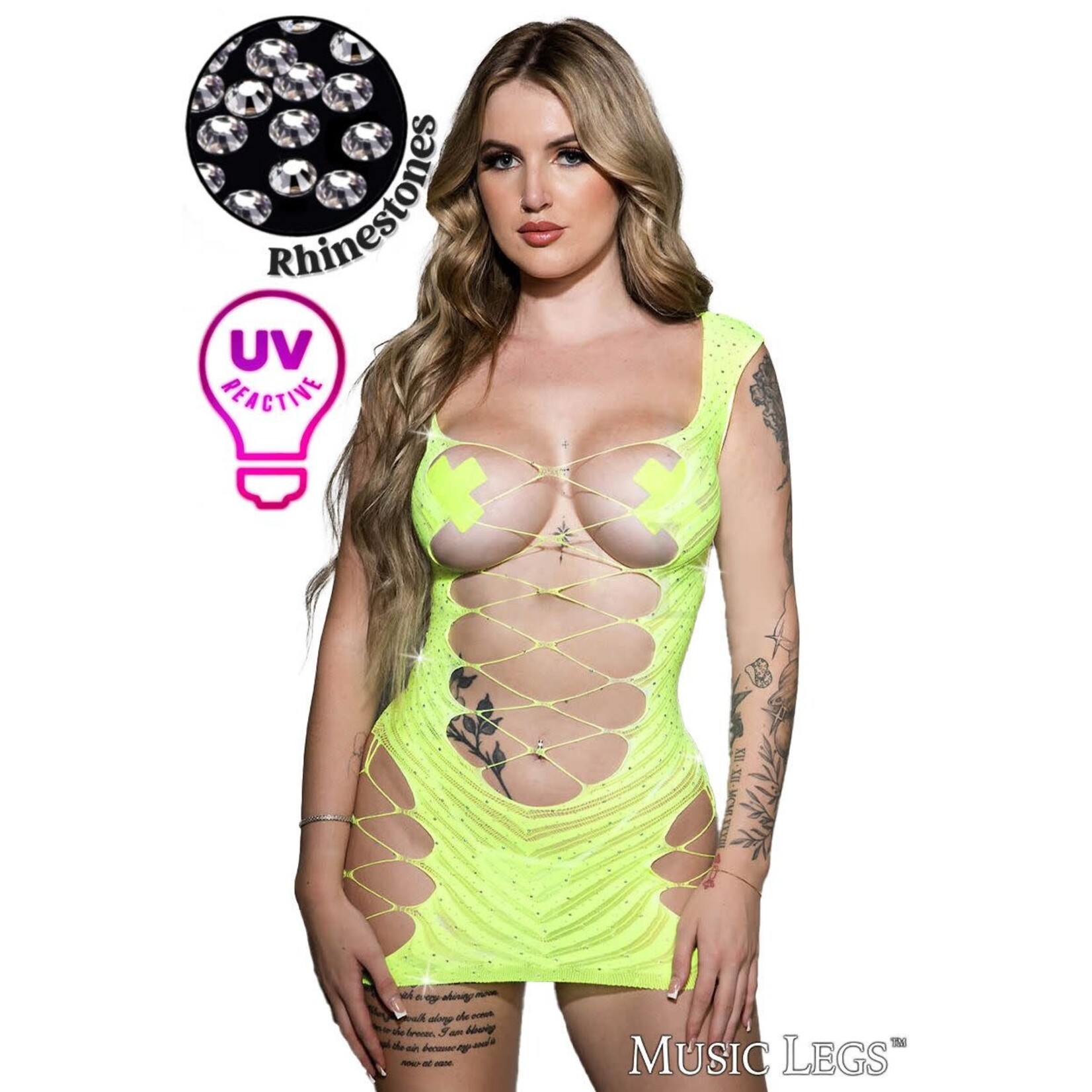 MUSIC LEGS MUSIC LEGS STRAPPY RHINESTONE CHEMISE NEON GREEN O/S