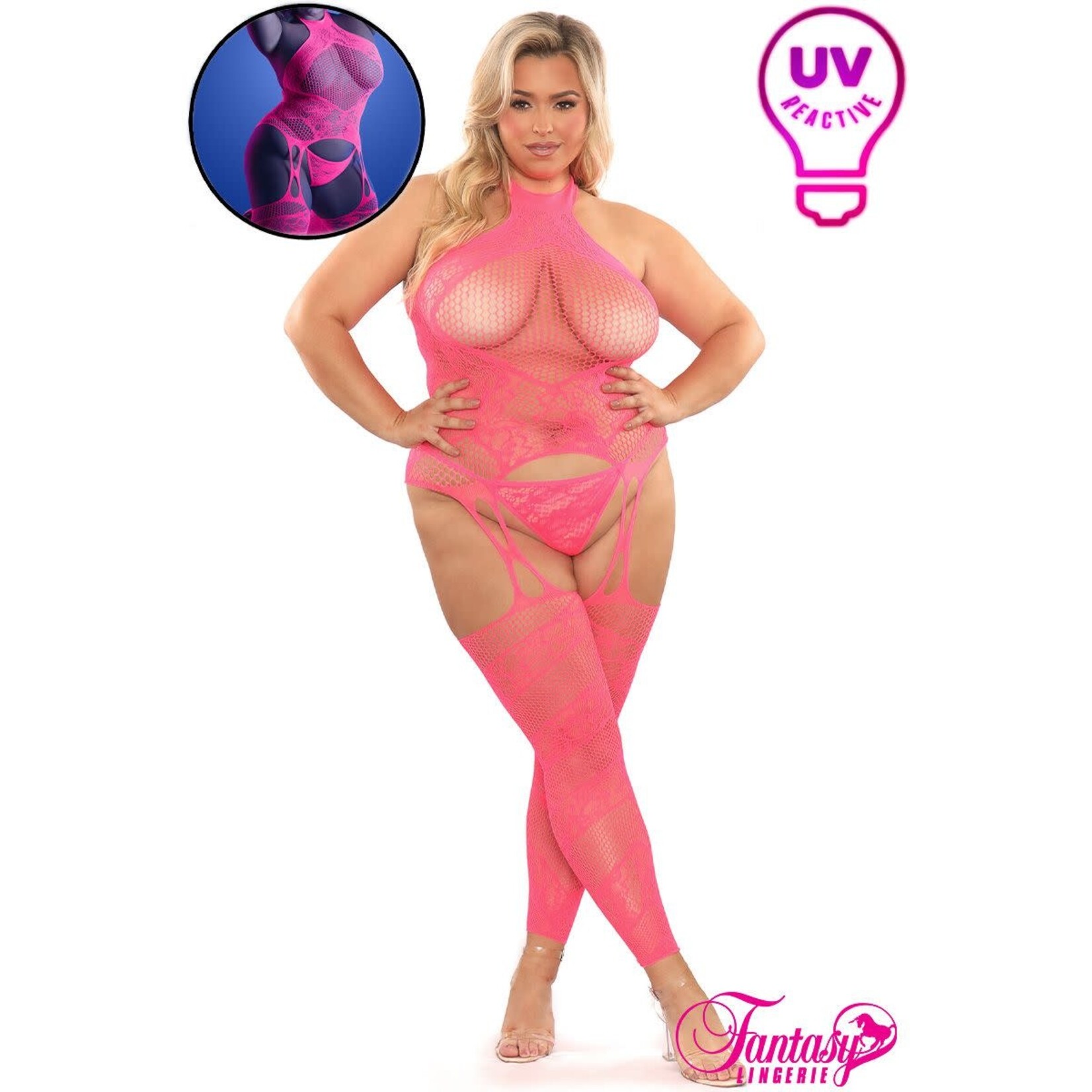 FANTASY LINGERIE FANTASY LINGERIE SUSPENDER BODYSTOCKING NEON PINK QUEEN