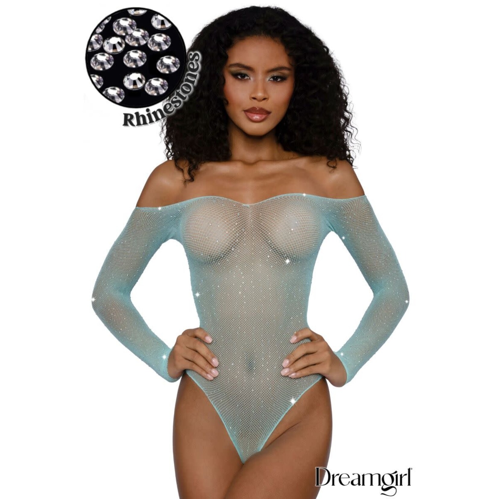 DREAMGIRL LINGERIE RHINESTONE FISHNET TEDDY - AQUA - OS