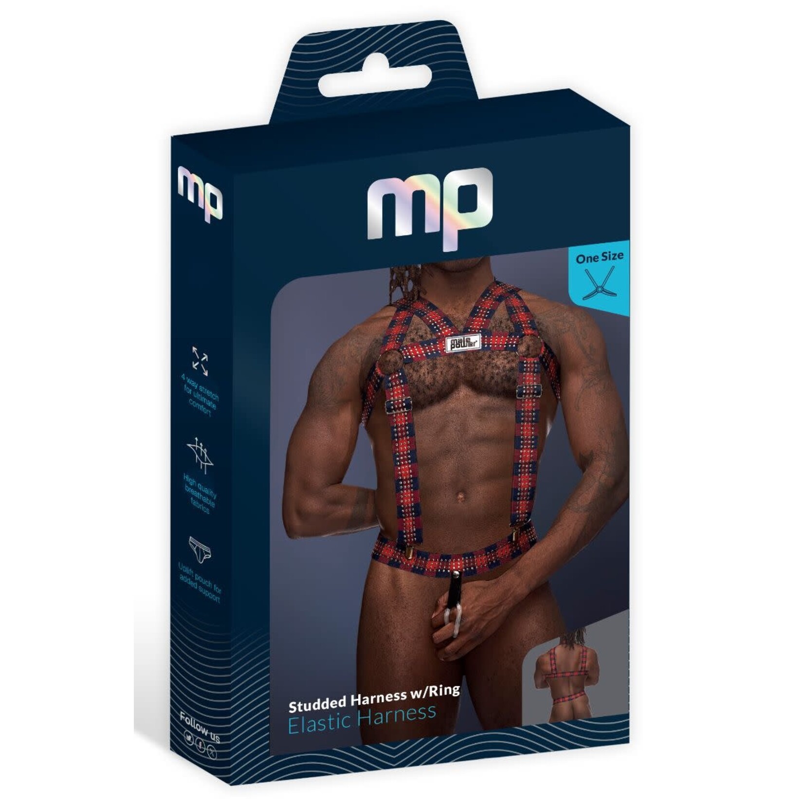 MALE POWER STUDDED HARNESS W/RING 2 PC SET - PLAID RED