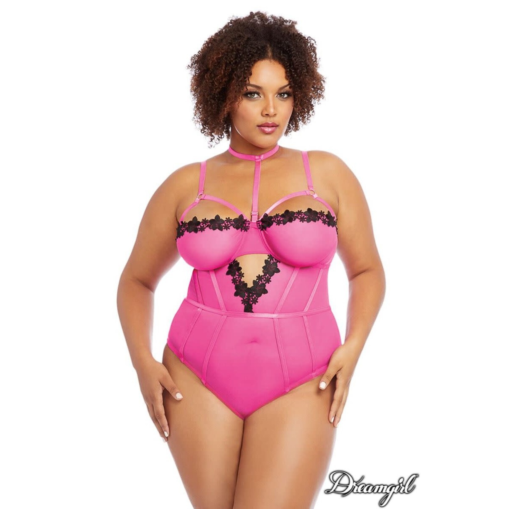 DREAMGIRL LINGERIE VENICE LACE TEDDY - HOT PINK - 1XL