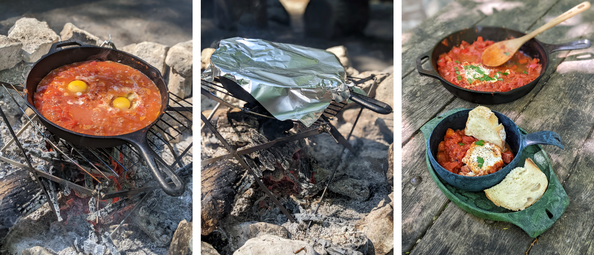 Cooking Shakshuka over a campfire