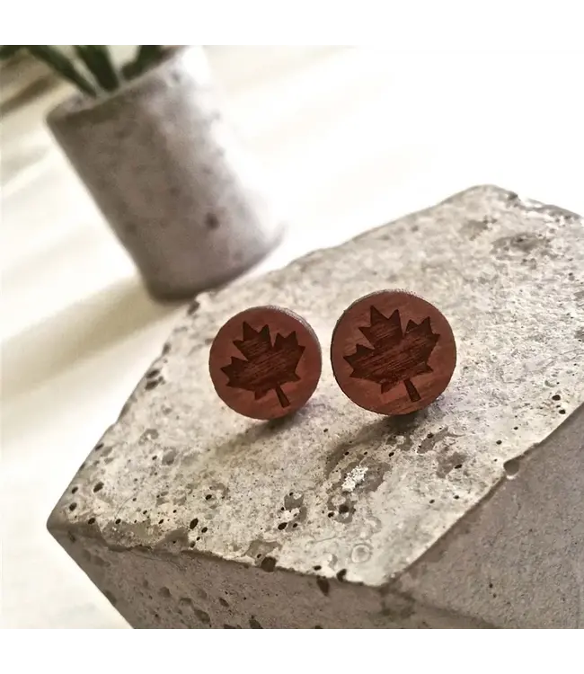 Pika & Bear "150" Maple Leaf Design Wooden Stud Earrings