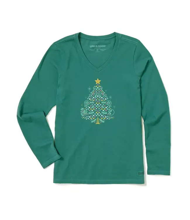 Life is Good Women's Christmas Tree Sparkles Long Sleeve Crusher Vee