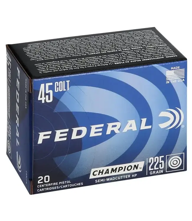 Federal Champion Training Ammo - 45 Colt, 225 Grain, Semi-Wadcutter Hollow Point, 830 FPS