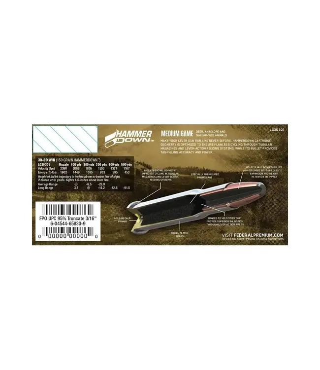 Federal HammerDown Rifle Ammunition - 30-30 Win, 150 Grain, Bonded Soft Point, 2390 fps