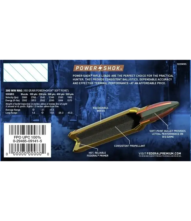 Federal Power-Shok Rifle Ammunition - 300 Win Mag, 180 Grain, Jacketed Soft Point, 2960 fps