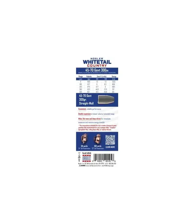 Nosler 45-70 Government 300gr Straight-Wall Whitetail Country Ammunition