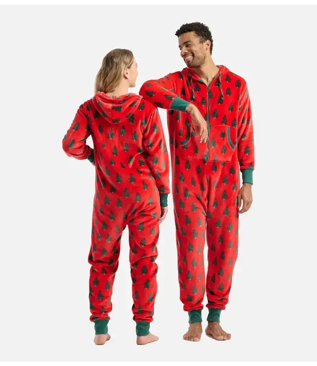 Hatley Adult Trees on Red Hooded Fleece Jumpsuit
