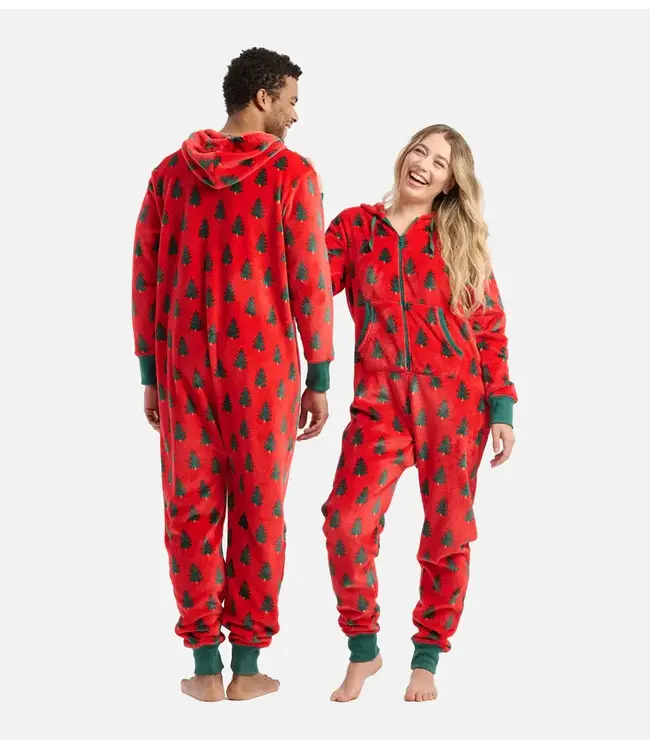 Hatley Adult Trees on Red Hooded Fleece Jumpsuit