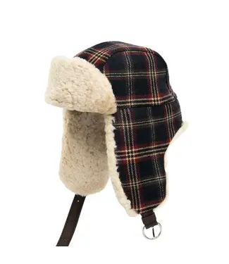 CROWN CAP Crown Cap Wool Highland Plaid Aviator with Shearling Trim CROWN CAP Crown Cap Wool Highland Plaid Aviator with Shearling Trim