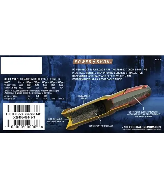 Federal Ammo Power-Shok Rifle Ammunition - 30-30 Win, 170 Grain, Jacketed Soft Point, 2200 fps