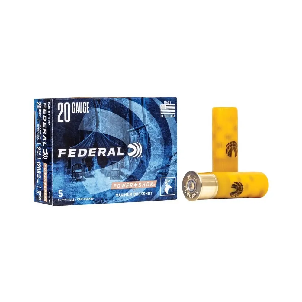 Federal Ammo Power-Shok Buckshot Ammunition - 20 Gauge, 3 Buck Shot, 2 ...