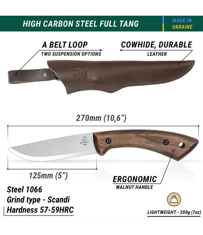 Beavercraft Dune Carbon Steel Bushcraft Knife Walnut with Sheath