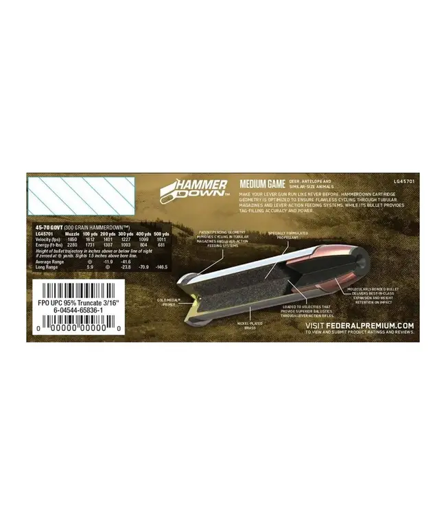 Federal HammerDown Rifle Ammunition - 45-70 Government, 300 Grain, Bonded Soft Point, 1850 fps