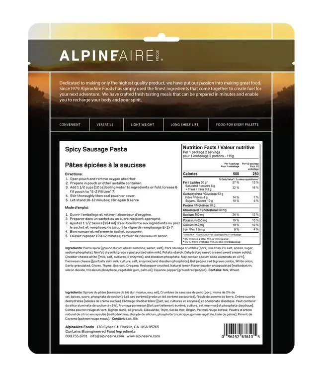 AlpineAire Spicy Sausage Pasta (Pork)