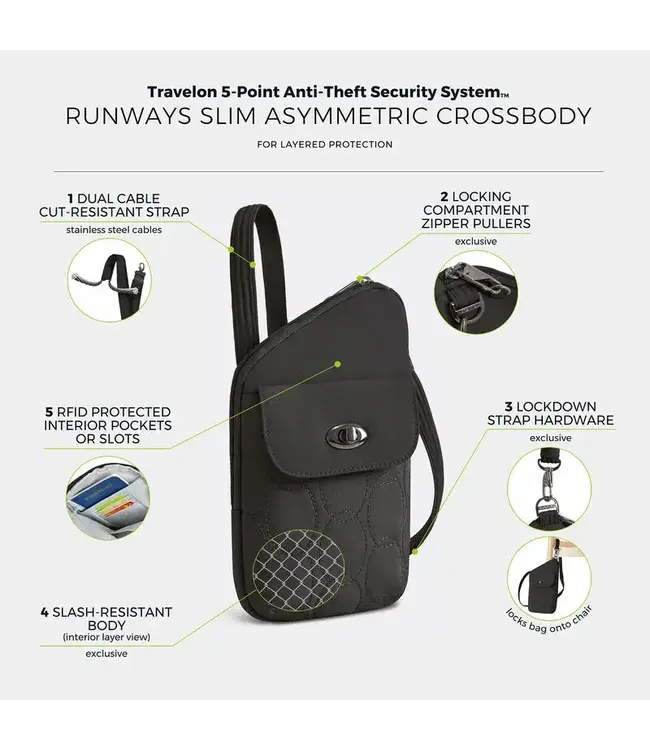 Travelon Runways Anti-Theft Slim Asymmetric Crossbody  Bag