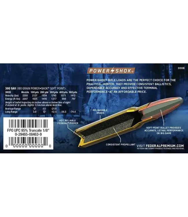 Federal Ammo Power-Shok Rifle Ammunition - 300 Savage, 180 Grain, Jacketed Soft Point, 2350 fps