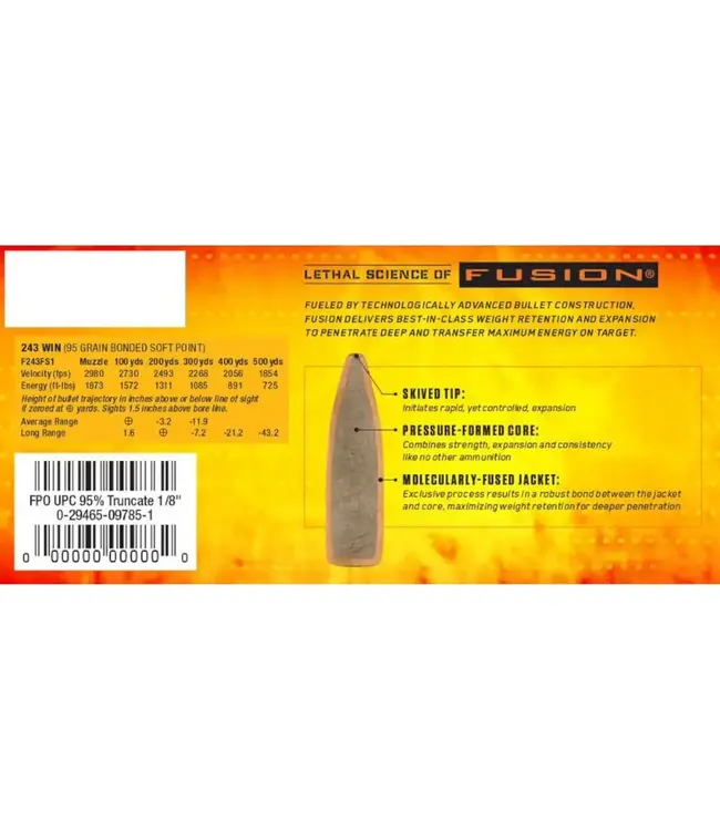Federal Fusion Rifle Ammunition - 243 Win, 95 Grain, Fusion Soft Point, 2980 fps