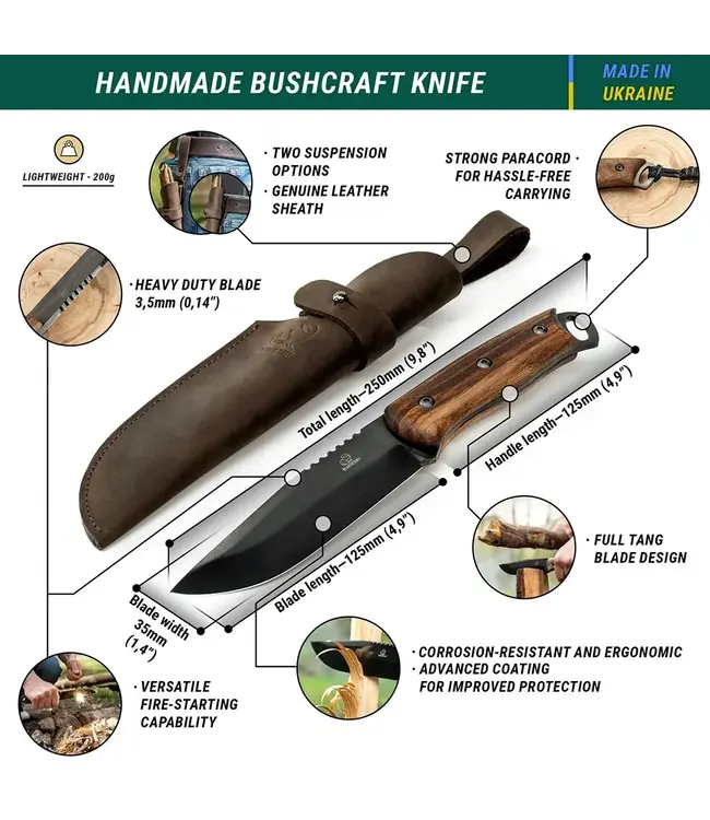 BeaverCraft Bushcraft Knife Dusk – Black Oxide, Leather Sheath