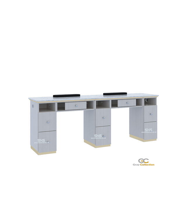 SNS Gray & Gold GD202  Double Nail Table with LED Hole Lamp