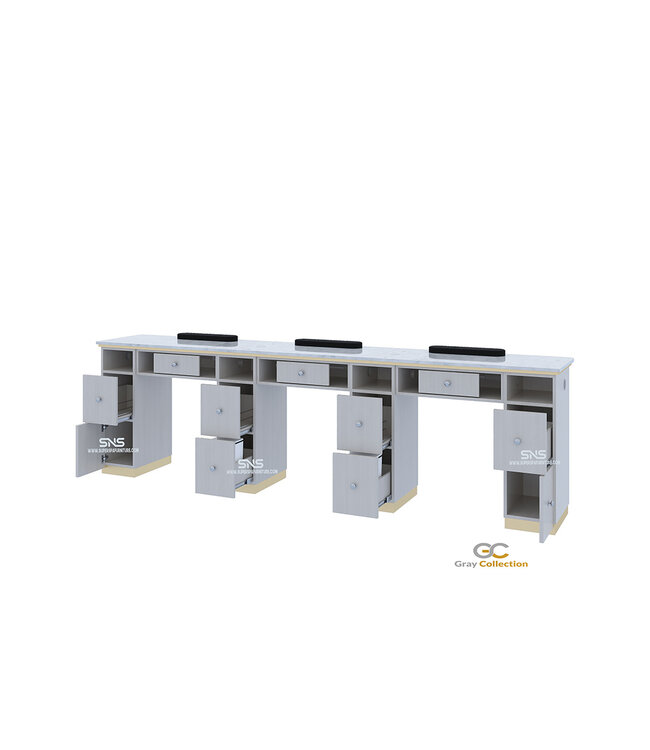 SNS Gray & Gold GD203  Triple Nail Table with LED Hole Lamp