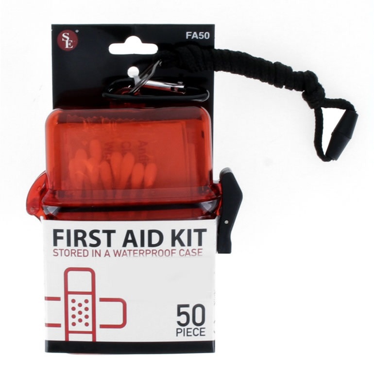 50 Piece First Aid Kit in Waterproof Case w/Carabiner and Lanyard