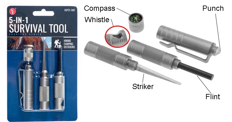 5 in 1 Survival Tool (Compass, Punch, Striker, Flint & Whistle)