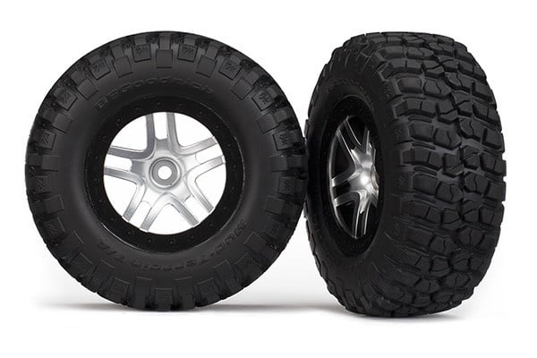 Traxxas 5877 Tires & wheels, assembled, glued (SCT Split-Spoke, satin chrome, black beadlock wheels, BFGoodrich Mud-Terrain T/A KM2 tires, foam inserts) (2) (2WD front)