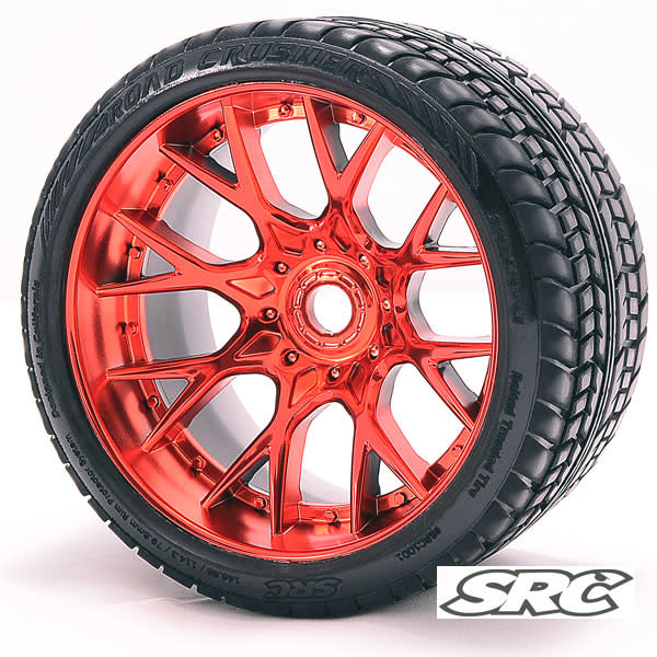 Sweep Racing C1001R 17mm RC Monster Truck Road Crusher Belted tire WHD Red Chrome wheel 2pc