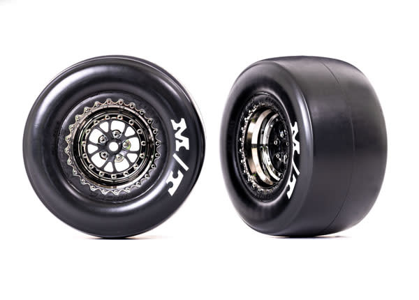 Traxxas 9476x Tires wheels assembled black chrome Mickey Thompson Drag Slicks rear (2)