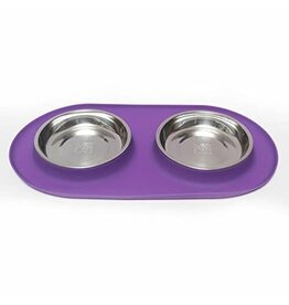 Messy Mutts Messy Mutts Cat Feeder Silicone with SS Bowls Double Diner Medium 1.5 Cup Purple
