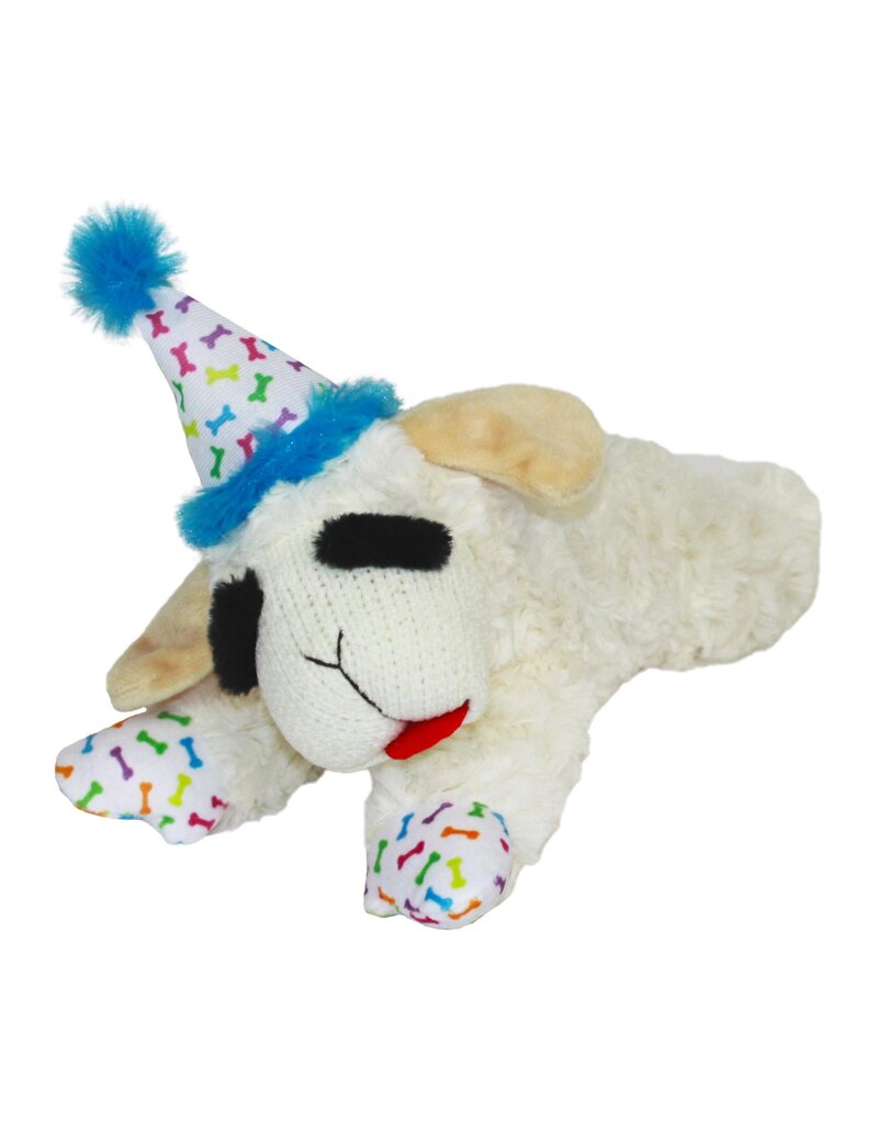 Multipet Lamb Chop with Birthday Hat Plush Dog Toy Blue Medium