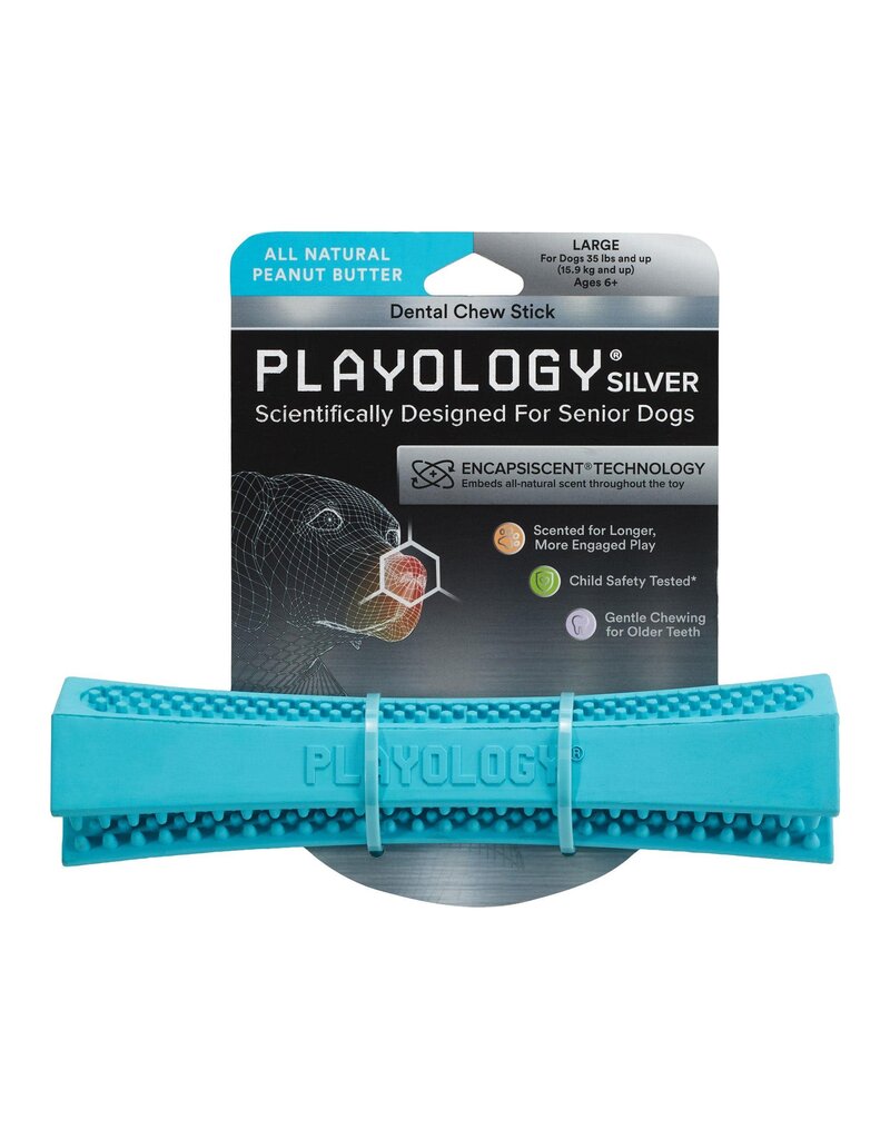Playology Playology Silver Dental Stick Peanut Butter Scented Senior Dog Toy Large