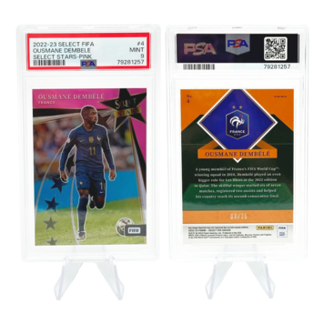 The Adventure Stadium 2022-23 Panini Select FIFA Ousmane Dembele Select Stars Pink 03/25 PSA 9