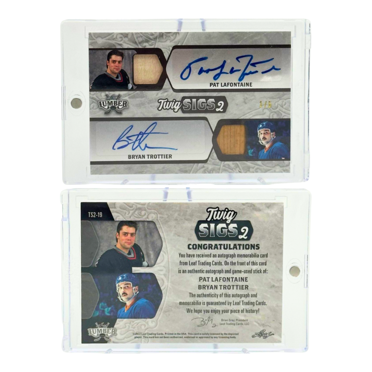 The Adventure Stadium 2022 Leaf Lumber Hockey Twin Sigs 2 P. Lafontaine/B. Trottier Relic Autographs