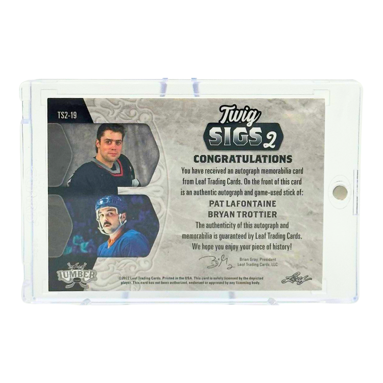 The Adventure Stadium 2022 Leaf Lumber Hockey Twin Sigs 2 P. Lafontaine/B. Trottier Relic Autographs