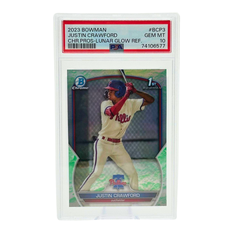 The Adventure Stadium 2023 Bowman Chrome Justin Crawford Lunar Glow Refractor PSA 10