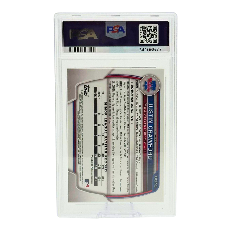 The Adventure Stadium 2023 Bowman Chrome Justin Crawford Lunar Glow Refractor PSA 10