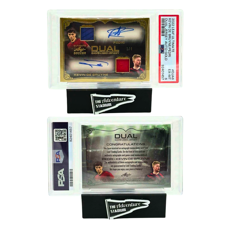 The Adventure Stadium 2022 Leaf Ultimate Soccer K. De Bruyne & Pedri Dual Jersey Auto Gold 1/4 PSA 6